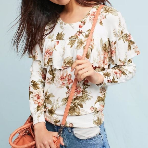 Anthropologie Harlyn Ritchie Floral Ruffle Sweater - Picture 2 of 16